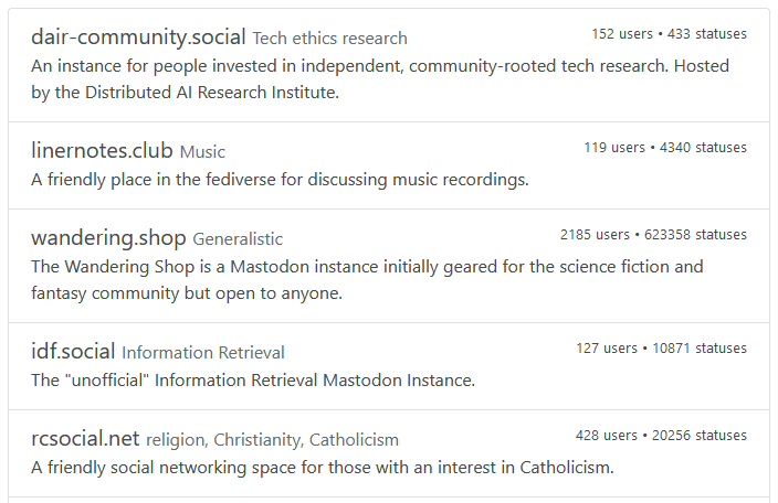 A list of 5 servers from the listing at instances.social