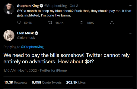 Twitter CEO Elon Musk and Author Stephen King talking about the verification bubble debacle